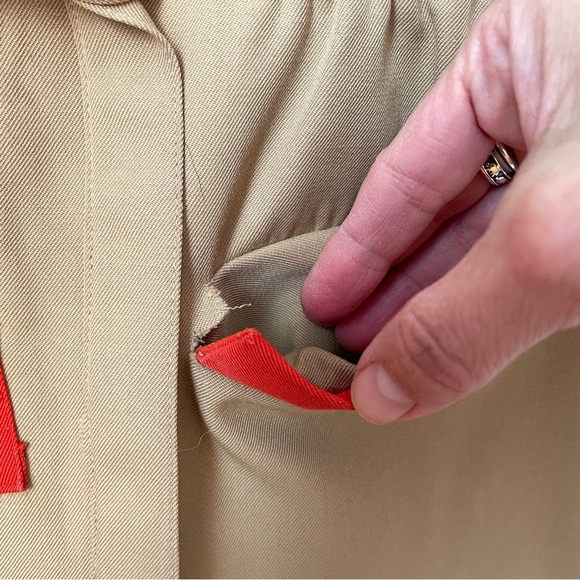 Vintage Tan Wool Shirt Dress with Orange Red Collar, Trim, Belted - Picture 15 of 16